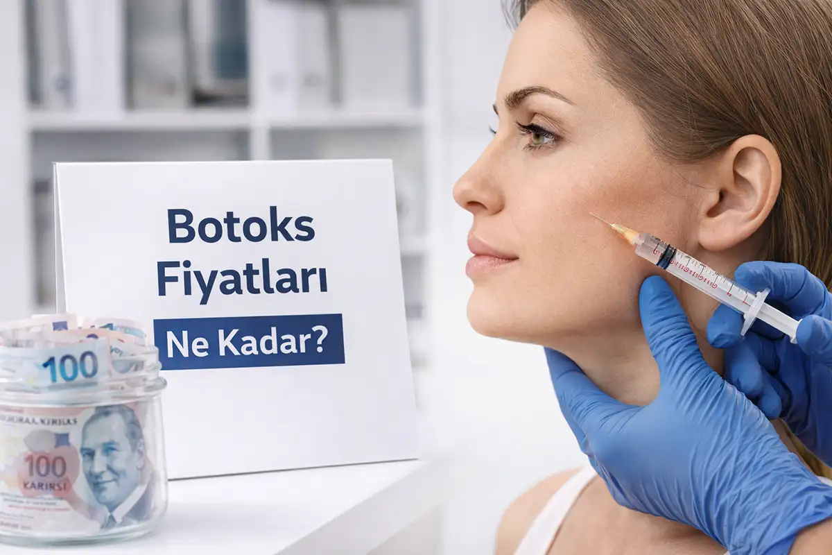 Kayseri’de botoks fiyatları hakkında bilgi veren tabela önünde masseter botoks enjeksiyonu yapılan kadın