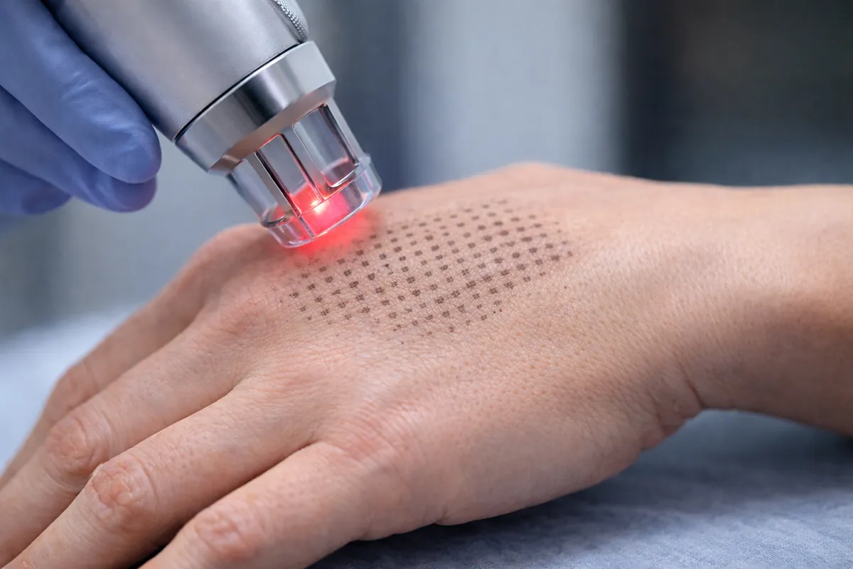 El sırtına fraksiyonel lazer uygulaması; lazer başlığının cilde temas ettiği bölgede açık gri tonda noktasal atış izleri.