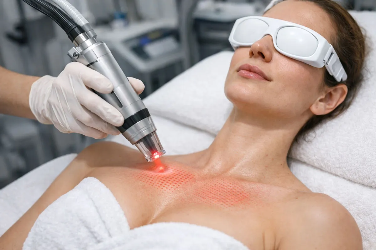 Dekolte bölgesine fraksiyonel lazer uygulaması sırasında lazer başlığının cilt üzerine kontrollü mikro atışlar yaptığı klinik görüntü