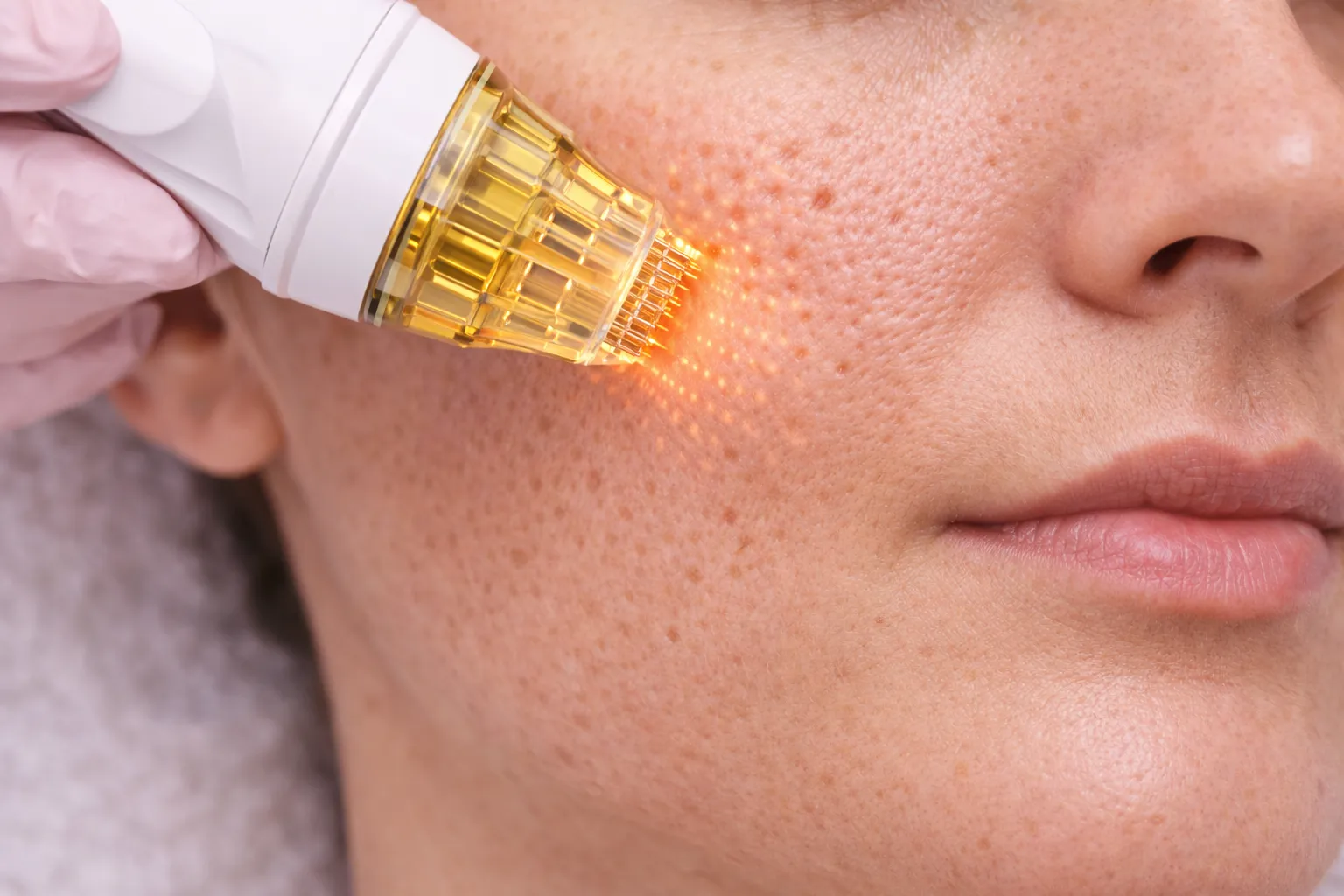 Gözenek genişliği ve cilt dokusu bozuklukları için uygulanan altın iğne (mikroiğneli RF) tedavisinin yakın plan görüntüsü