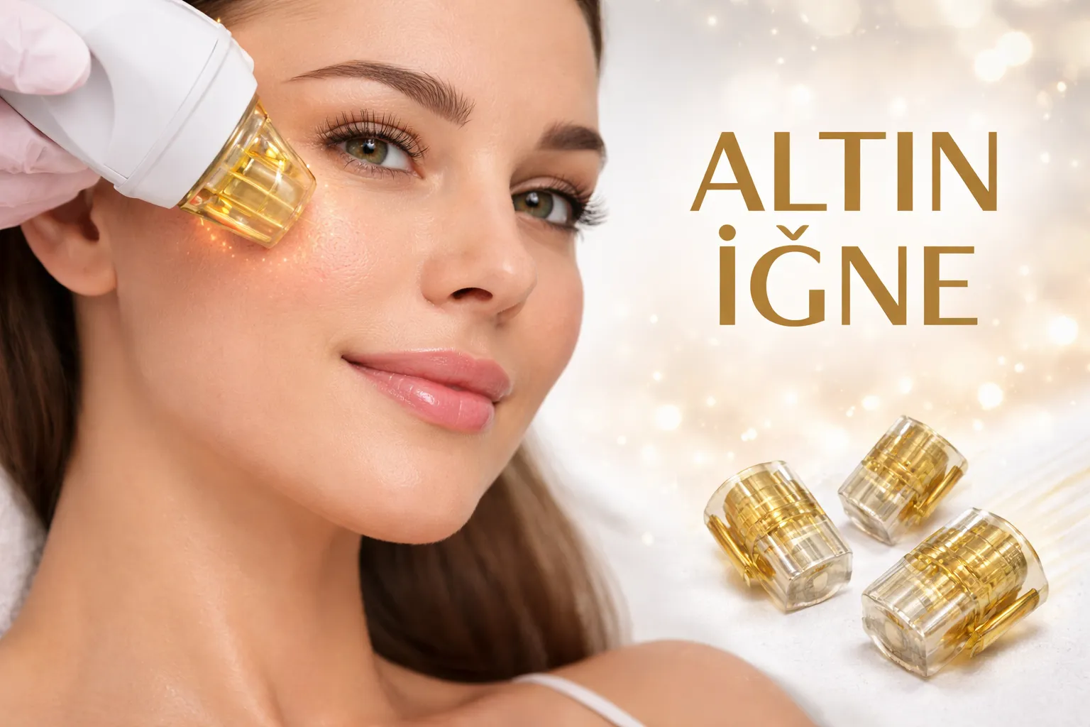 Altın iğne (mikroiğneli radyofrekans) uygulamasında altın kaplı mikroiğnelerin cilde nüfuz ederek dermis tabakasına RF enerjisi vermesini gösteren klinik görüntü