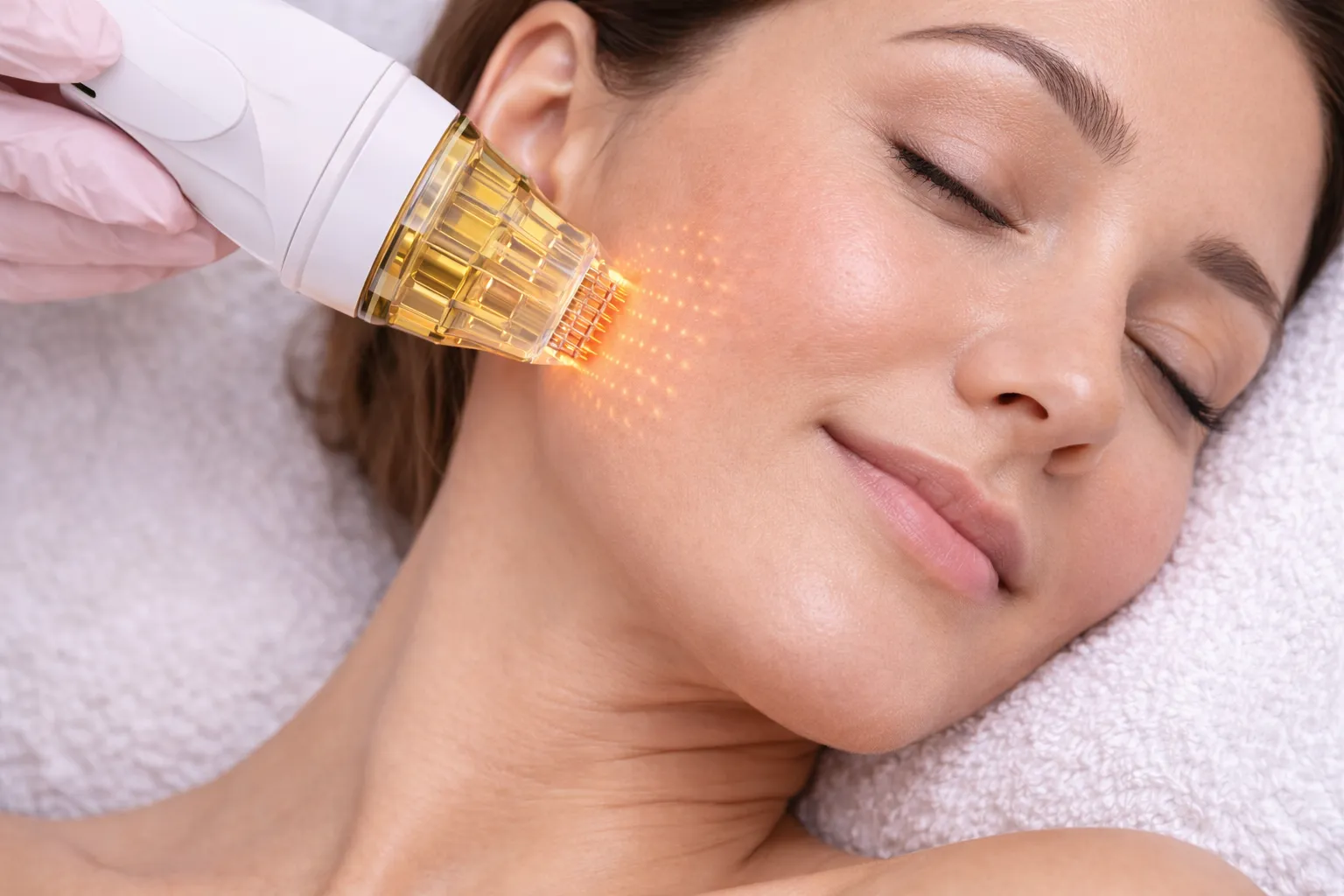Cilt sıkılaşması amacıyla uygulanan altın iğne (mikroiğneli radyofrekans) tedavisinin yüz bölgesinde uygulanışını gösteren görüntü