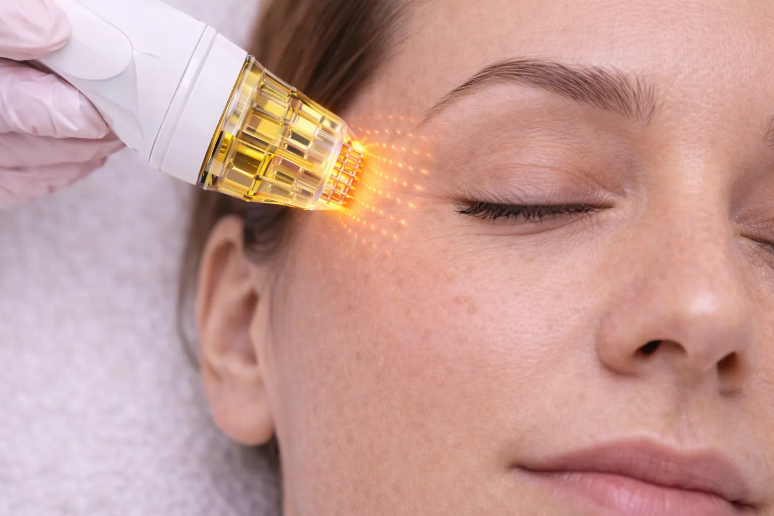 Göz çevresindeki ince çizgiler için uygun endikasyonla uygulanan altın iğne (mikroiğneli RF) tedavisinin yakın plan görüntüsü