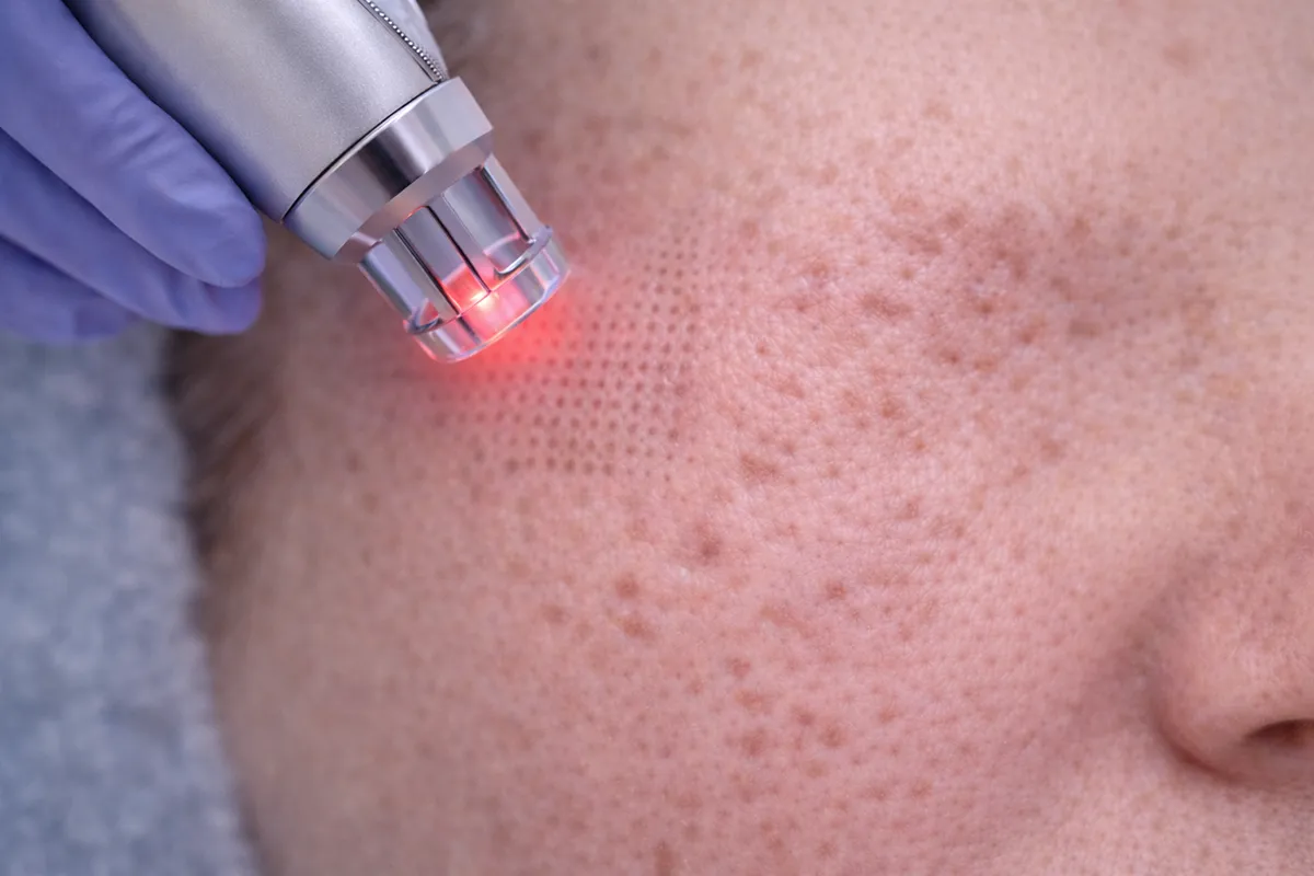 Gözenek görünümünün yoğun olduğu ciltte fraksiyonel lazer sonrası noktasal atış izleri.