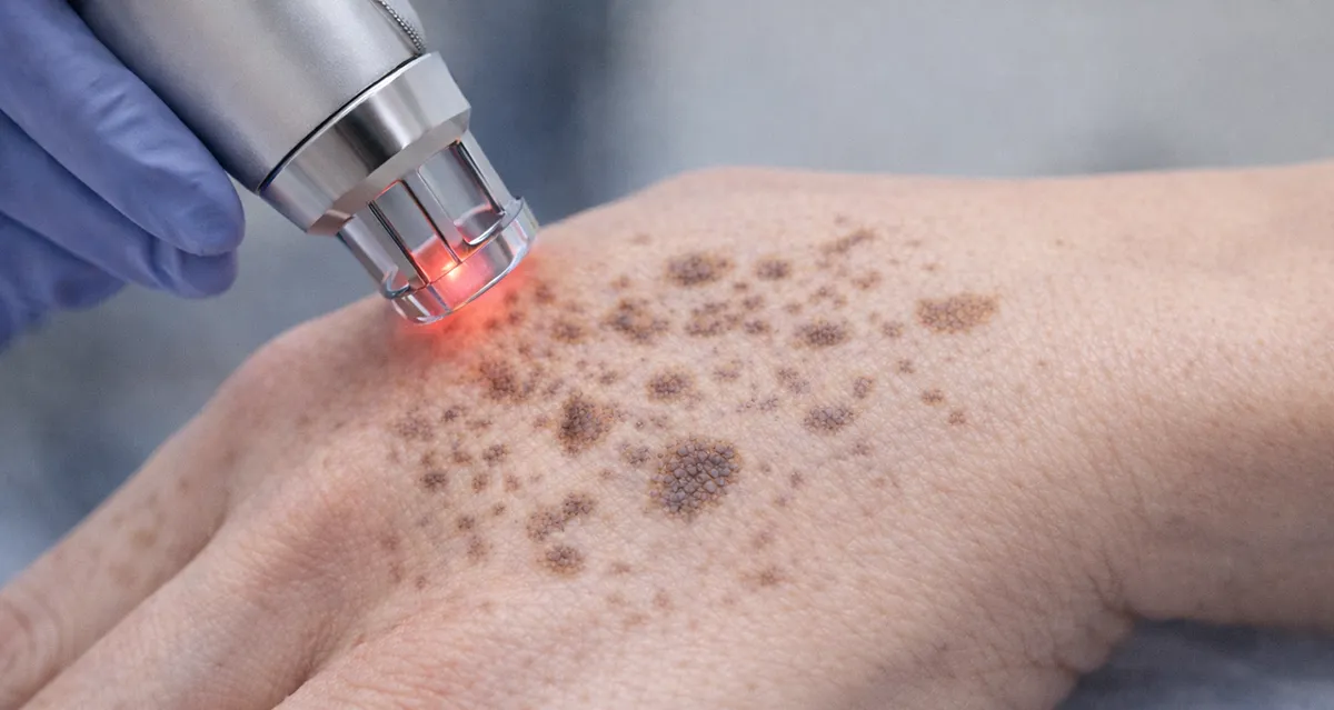 Lekeli cilt alanına uygulanan fraksiyonel lazer; lazer atışları sonrası açık gri tonlu noktasal izlerin yakın plan görünümü.