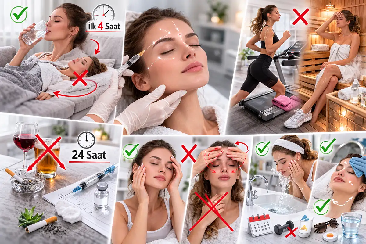 Botoks sonrası ilk 24 saat dikkat edilmesi gerekenleri sembollerle anlatan klinik görsel