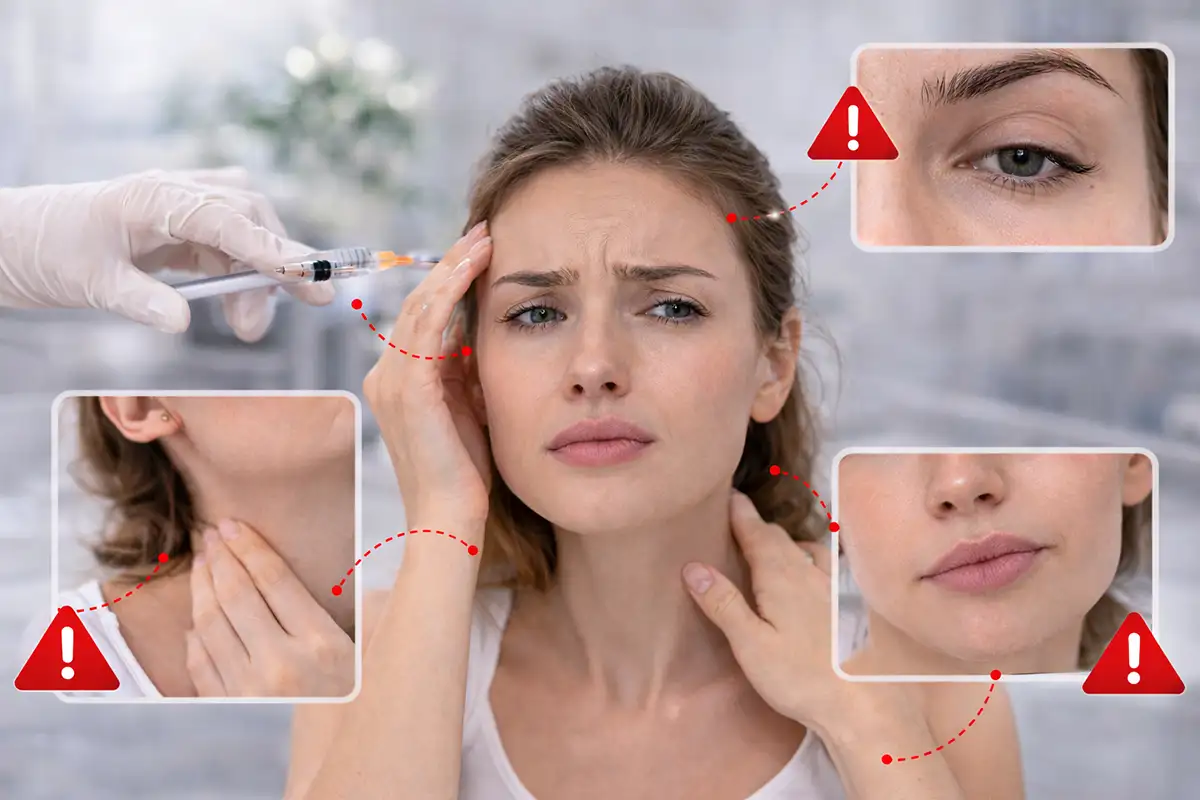 Botoks sonrası göz kapağı düşüklüğü, asimetri ve yutma güçlüğünü temsil eden uyarı görseli