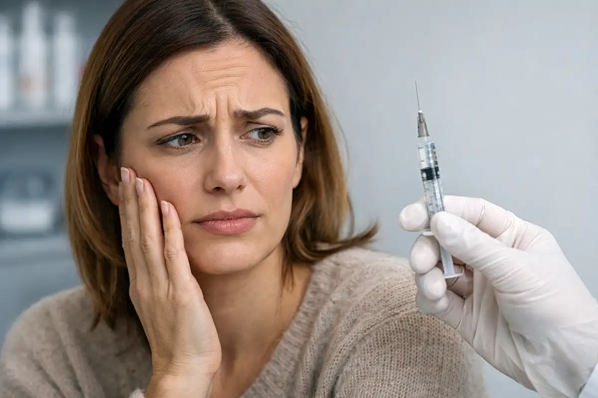 Botoks yaptırmayı düşünen kadının enjeksiyon öncesi endişeli ifadesi ve doktorun elindeki botoks enjektörü