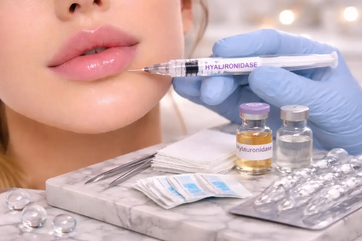 Hyaluronik asit dolgusunu eritmek için hyaluronidaz enjeksiyonu yapılan dudak yakın plan görüntü