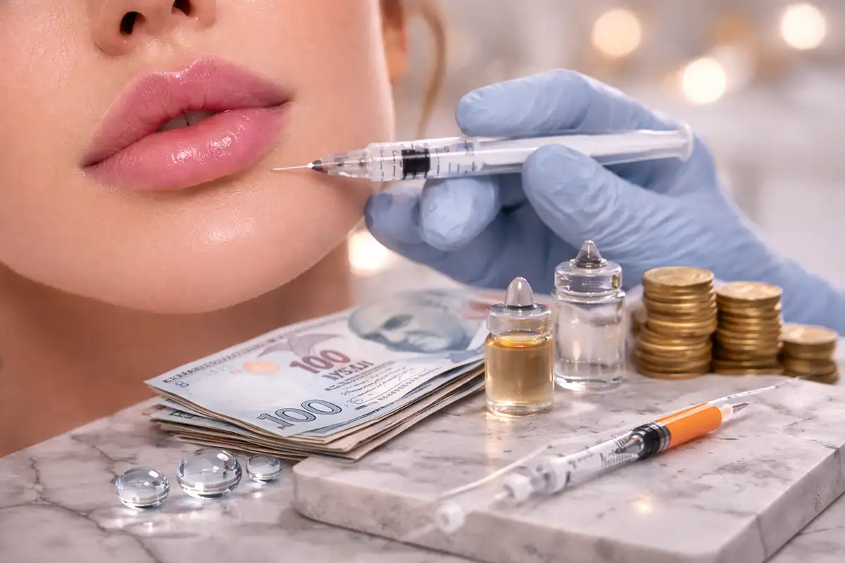 Klinik ortamda dudak dolgusu enjeksiyonu yapılırken yanında Türk lirası banknotları ve medikal malzemeler