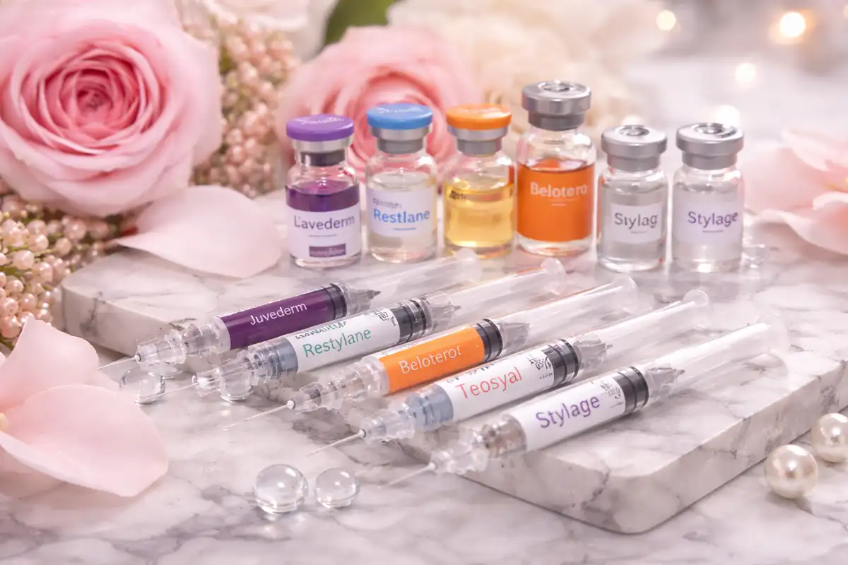 Hyaluronik asit bazlı dudak dolgusu markalarına ait şırınga ve flakonların klinik ortamda düzenlenmiş görüntüsü