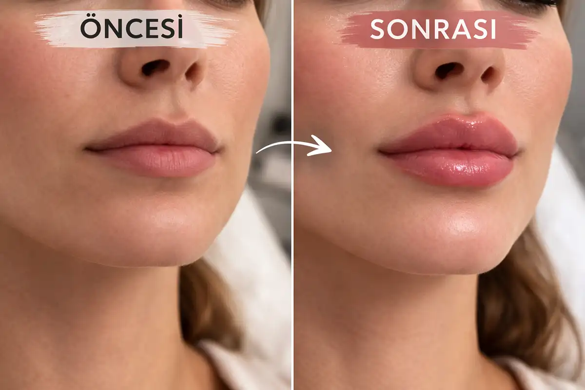 Dudak dolgusu öncesi ince dudak yapısı ve sonrası hacim kazanmış dudak görünümü karşılaştırması