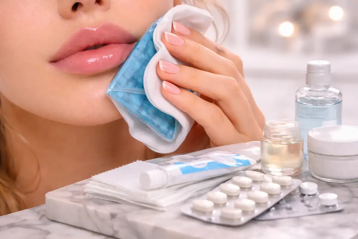 Dudak dolgusu sonrası soğuk kompres uygulayan hasta yakın plan görüntü