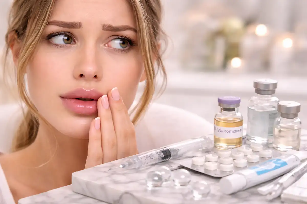 Dudak dolgusu sonrası endişeli görünen hasta ve medikal dolgu malzemeleri