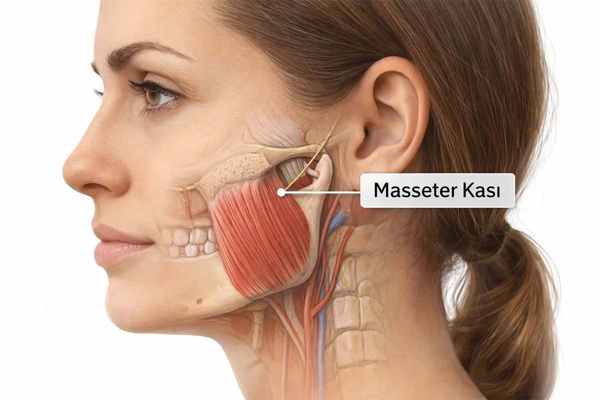 Masseter kasının anatomik yapısını gösteren yan profil yüz görseli ve masseter botoks uygulama bölgesi