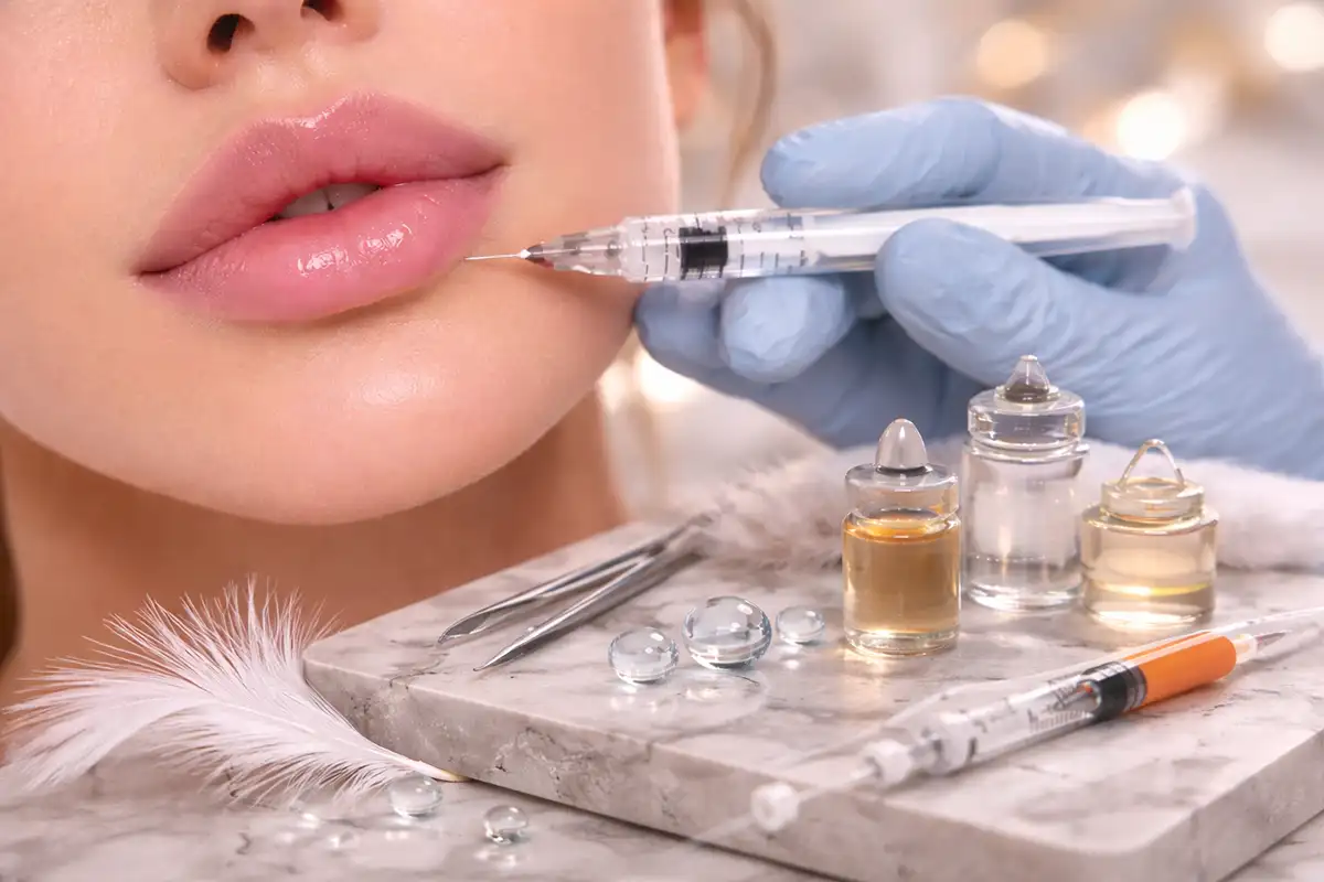 Rus dudak dolgusu tekniği ile hyaluronik asit enjeksiyonu yapılan dudak yakın plan görüntü